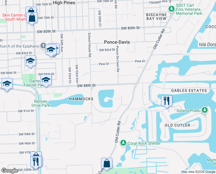map of restaurants, bars, coffee shops, grocery stores, and more near 4970 Southwest 88th Street in Coral Gables