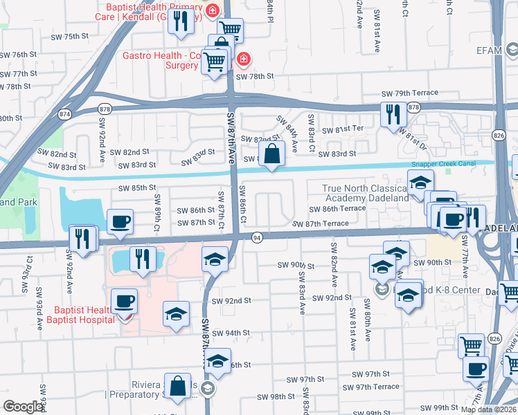 map of restaurants, bars, coffee shops, grocery stores, and more near 8700 Southwest 86th Avenue in Miami