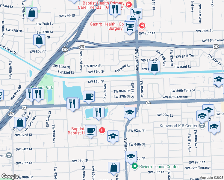 map of restaurants, bars, coffee shops, grocery stores, and more near 8871 Southwest 87th Street in Miami