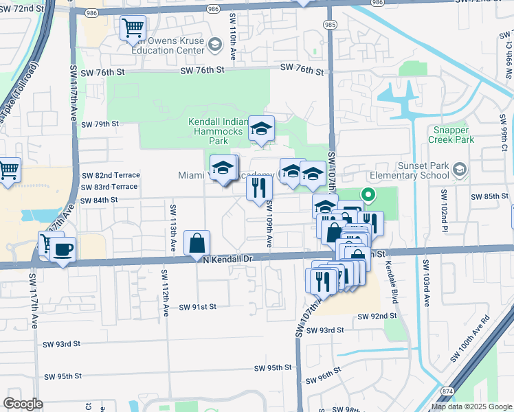 map of restaurants, bars, coffee shops, grocery stores, and more near 8599 Southwest 109th Avenue in Miami