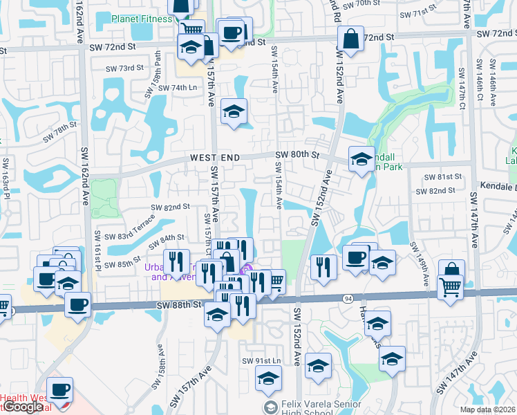 map of restaurants, bars, coffee shops, grocery stores, and more near 8394 Southwest 154th Avenue in Miami