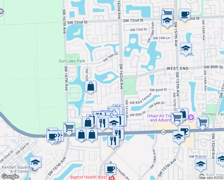 map of restaurants, bars, coffee shops, grocery stores, and more near 16272 Southwest 82nd Street in Miami