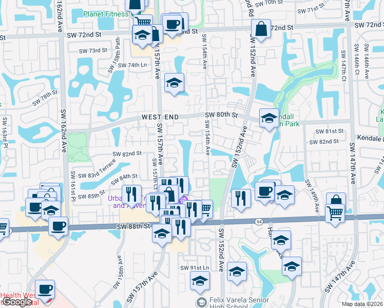 map of restaurants, bars, coffee shops, grocery stores, and more near 8394 Southwest 154th Avenue in Miami