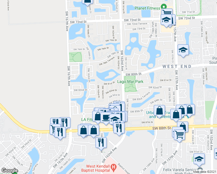 map of restaurants, bars, coffee shops, grocery stores, and more near 8137 Southwest 163rd Avenue in Miami