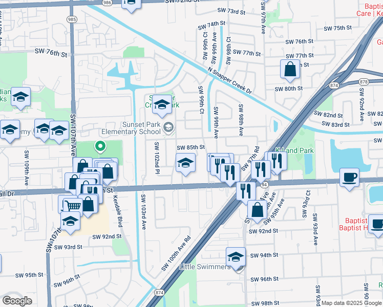 map of restaurants, bars, coffee shops, grocery stores, and more near 10025 Southwest 85th Street in Miami