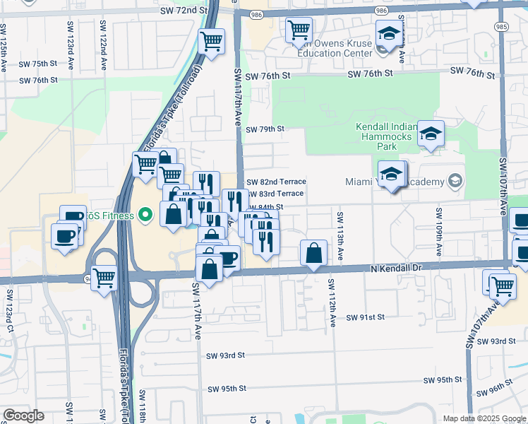 map of restaurants, bars, coffee shops, grocery stores, and more near 11530 Southwest 83rd Terrace in Miami
