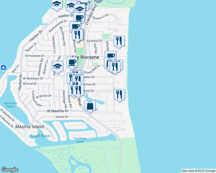 map of restaurants, bars, coffee shops, grocery stores, and more near 285 Sunrise Drive in Key Biscayne