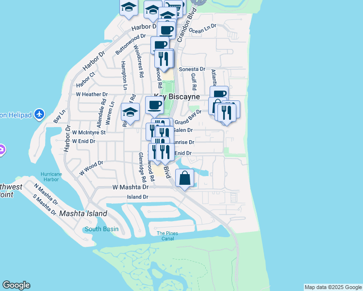 map of restaurants, bars, coffee shops, grocery stores, and more near 115 Sunrise Drive in Key Biscayne