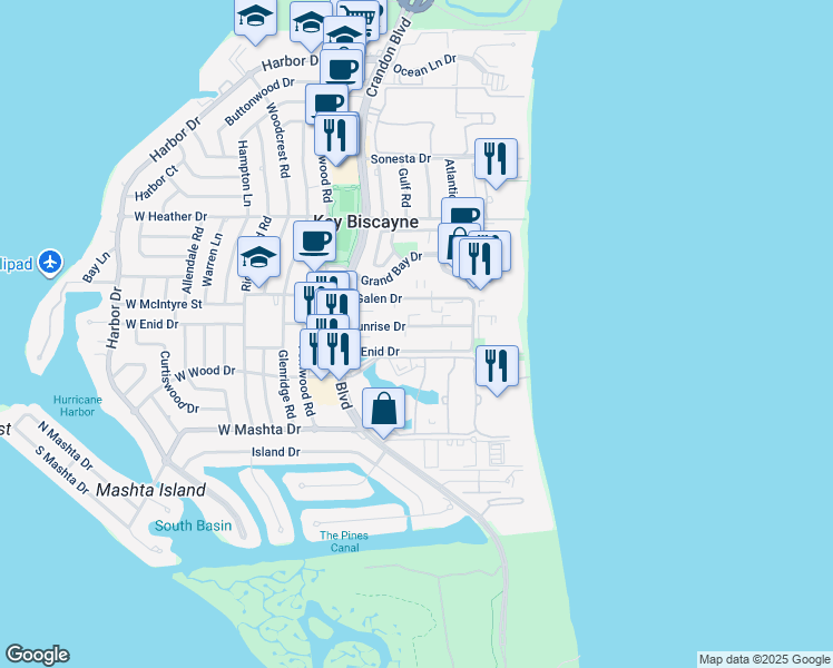 map of restaurants, bars, coffee shops, grocery stores, and more near 201 Sunrise Drive in Miami