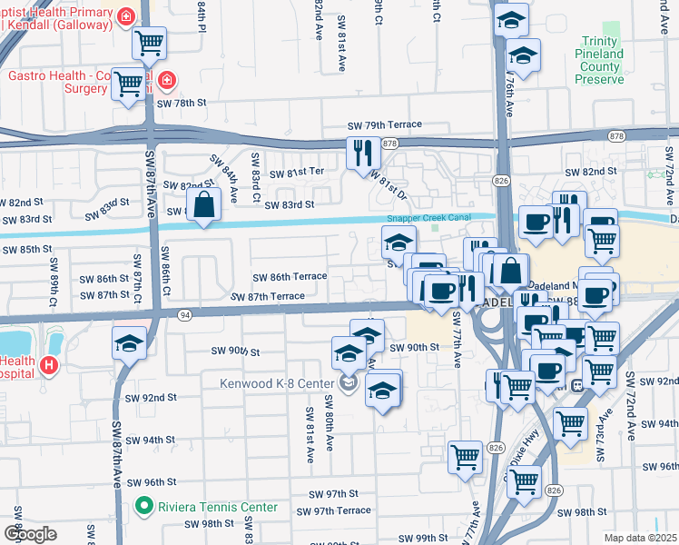 map of restaurants, bars, coffee shops, grocery stores, and more near 8186 Southwest 85th Terrace in Miami