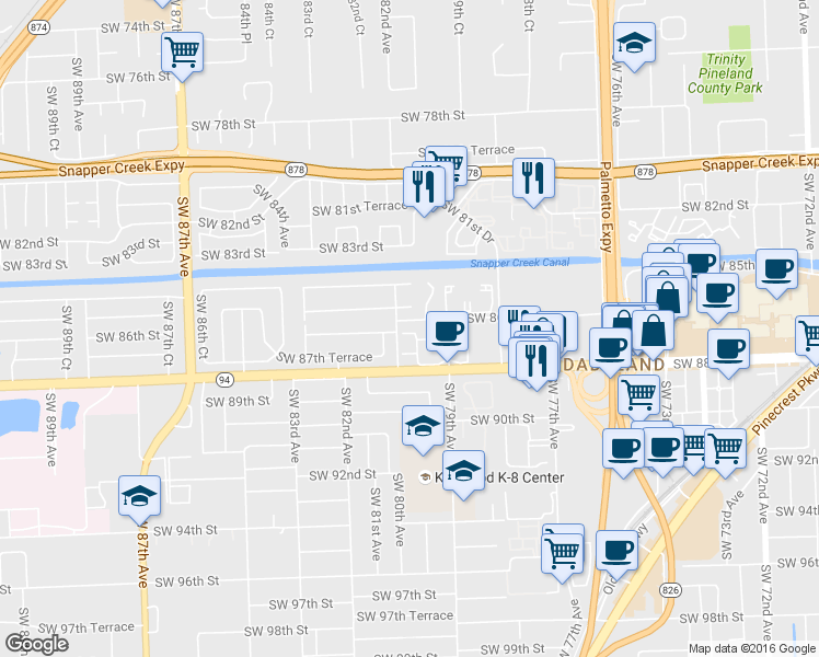 map of restaurants, bars, coffee shops, grocery stores, and more near 8186 Southwest 85th Terrace in Miami