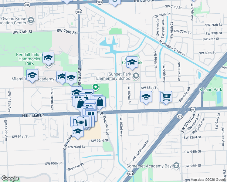 map of restaurants, bars, coffee shops, grocery stores, and more near 10389 North Kendall Drive in Miami