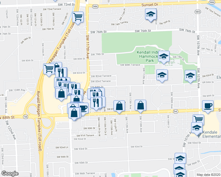 map of restaurants, bars, coffee shops, grocery stores, and more near 11440 Southwest 83rd Terrace in Miami