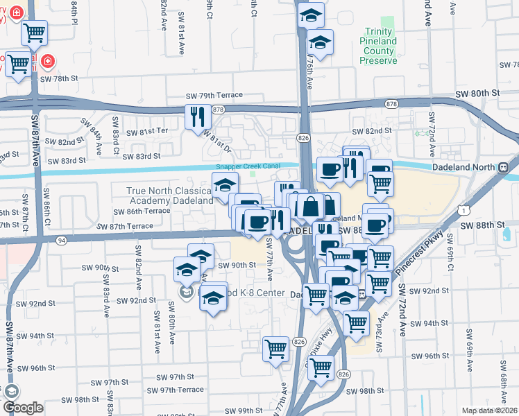map of restaurants, bars, coffee shops, grocery stores, and more near 7777 Southwest 86th Street in Miami