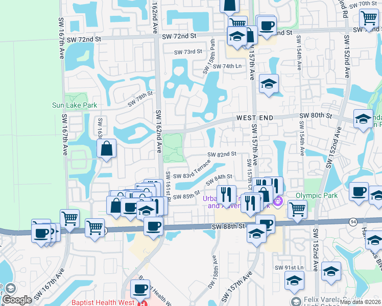 map of restaurants, bars, coffee shops, grocery stores, and more near 15935 Southwest 81st Terrace in Miami