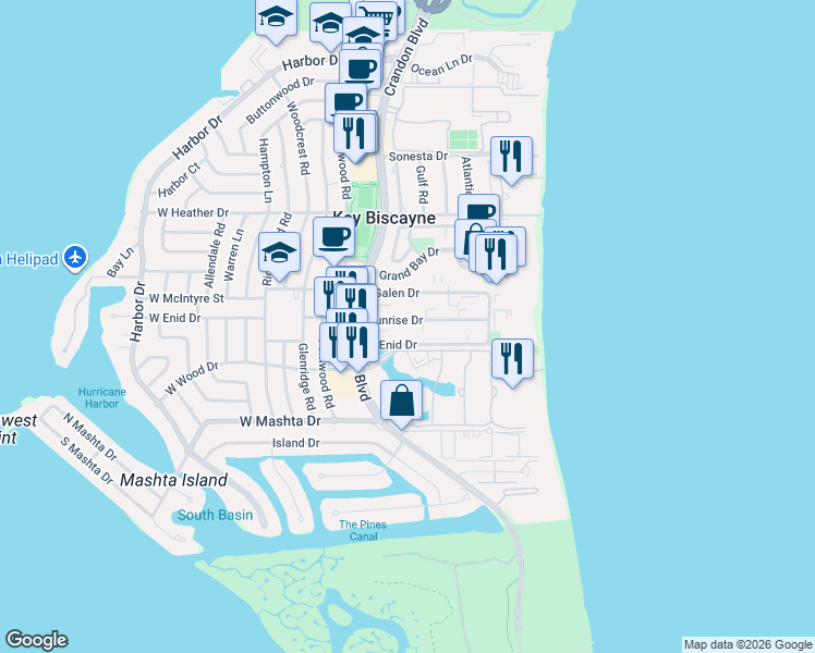map of restaurants, bars, coffee shops, grocery stores, and more near 201 Sunrise Drive in Miami