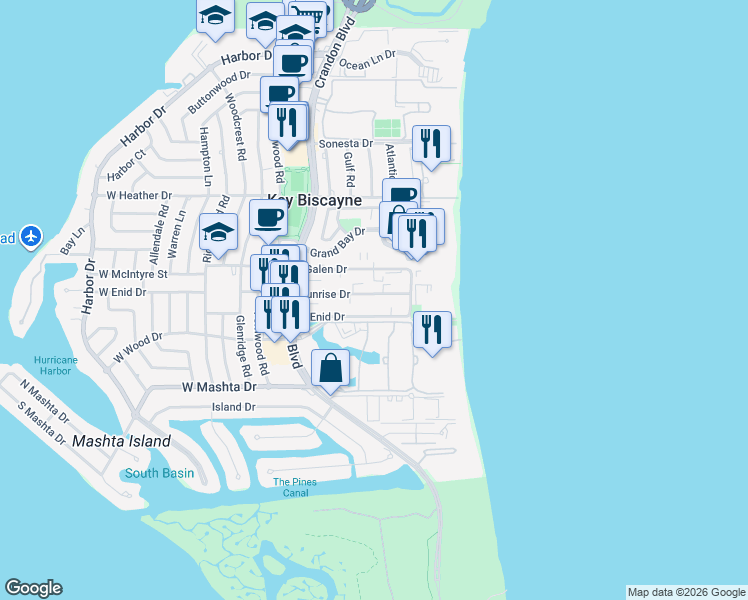 map of restaurants, bars, coffee shops, grocery stores, and more near 285 Sunrise Drive in Key Biscayne