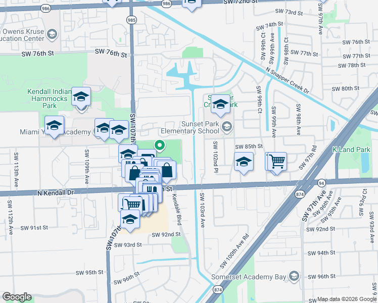 map of restaurants, bars, coffee shops, grocery stores, and more near 10389 North Kendall Drive in Miami