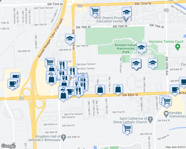 map of restaurants, bars, coffee shops, grocery stores, and more near 11440 Southwest 83rd Terrace in Miami