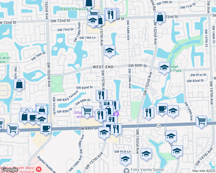 map of restaurants, bars, coffee shops, grocery stores, and more near 15680 Southwest 82nd Circle Lane in Miami