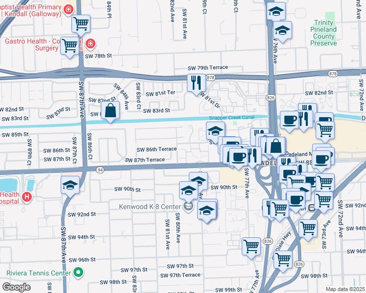 map of restaurants, bars, coffee shops, grocery stores, and more near 8186 Southwest 85th Terrace in Miami
