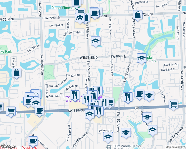 map of restaurants, bars, coffee shops, grocery stores, and more near 15680 Southwest 82nd Circle Lane in Miami