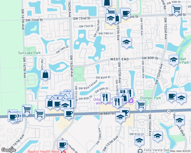 map of restaurants, bars, coffee shops, grocery stores, and more near 15935 Southwest 81st Terrace in Miami