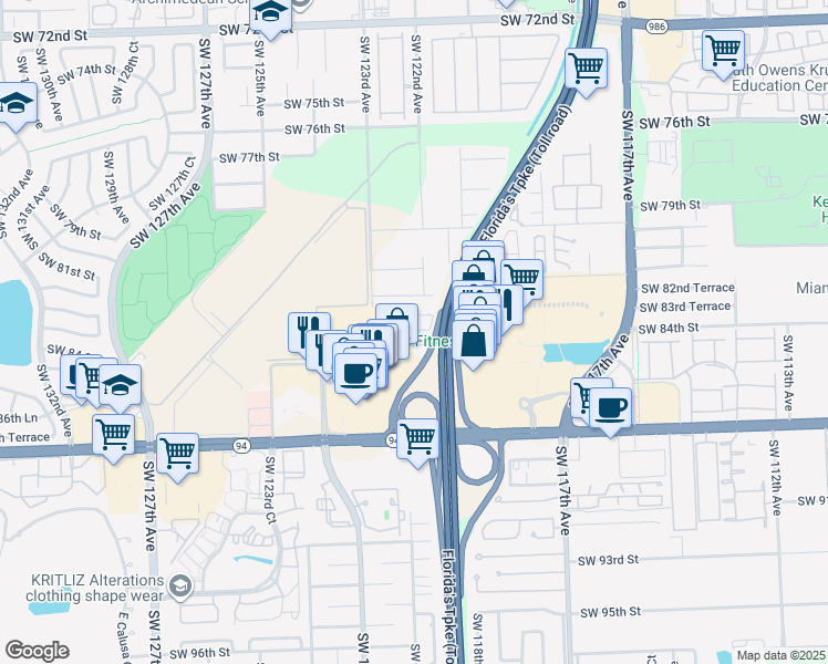 map of restaurants, bars, coffee shops, grocery stores, and more near 8341 Southwest 124th Avenue in Miami