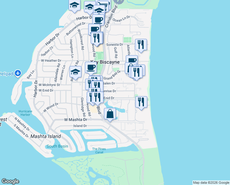 map of restaurants, bars, coffee shops, grocery stores, and more near 201 Sunrise Drive in Miami