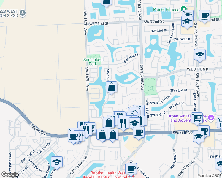 map of restaurants, bars, coffee shops, grocery stores, and more near 16413 Southwest 81st Terrace in Miami