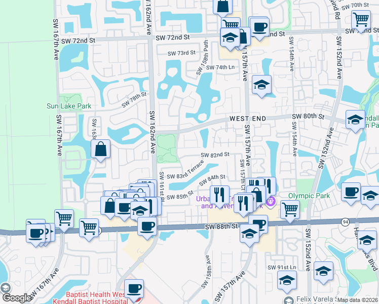map of restaurants, bars, coffee shops, grocery stores, and more near 15935 Southwest 81st Terrace in Miami