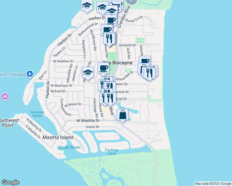 map of restaurants, bars, coffee shops, grocery stores, and more near 115 Sunrise Drive in Key Biscayne