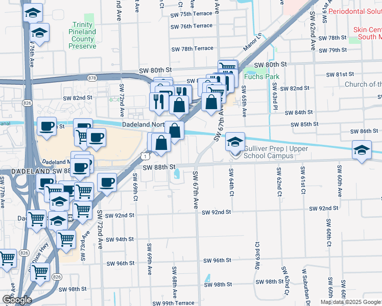 map of restaurants, bars, coffee shops, grocery stores, and more near 6757 North Kendall Drive in Miami