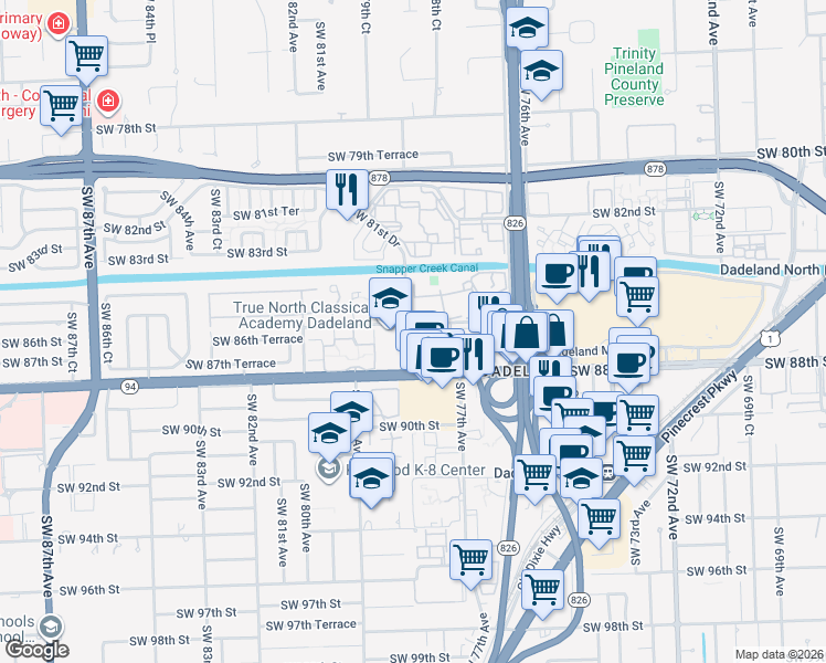map of restaurants, bars, coffee shops, grocery stores, and more near 7777 Southwest 86th Street in Miami