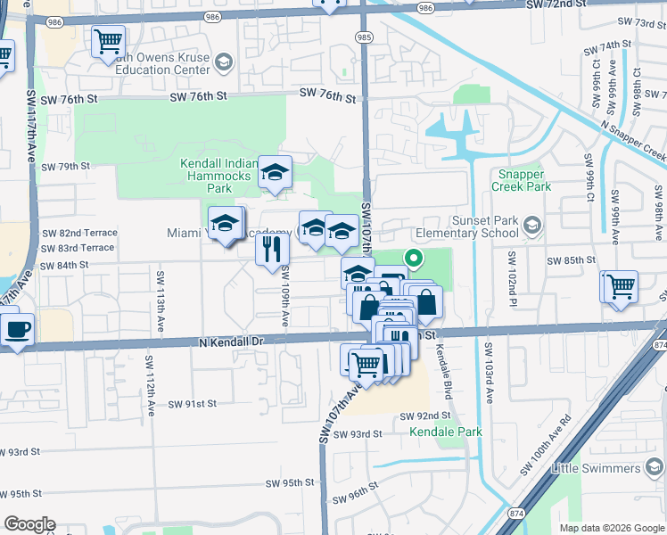 map of restaurants, bars, coffee shops, grocery stores, and more near 10770 Southwest 84th Street in Miami