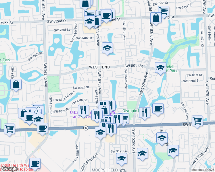 map of restaurants, bars, coffee shops, grocery stores, and more near 213 Southwest 82nd Circle Lane in Miami
