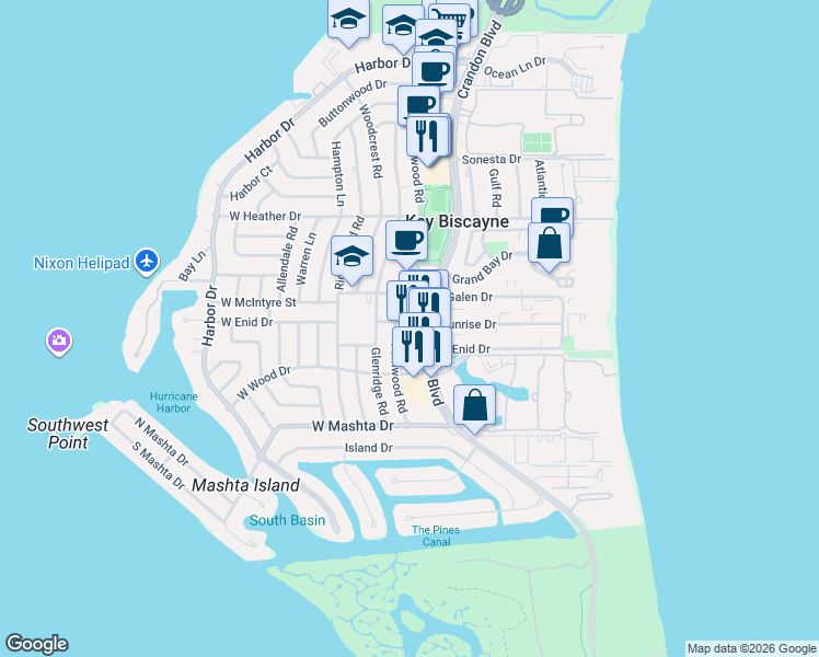 map of restaurants, bars, coffee shops, grocery stores, and more near 85 West Enid Drive in Key Biscayne