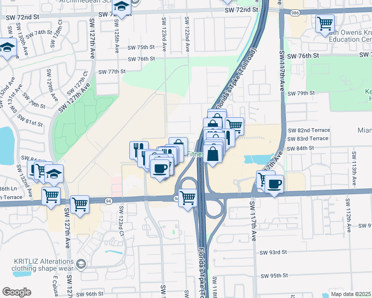 map of restaurants, bars, coffee shops, grocery stores, and more near 8341 Southwest 124th Avenue in Miami