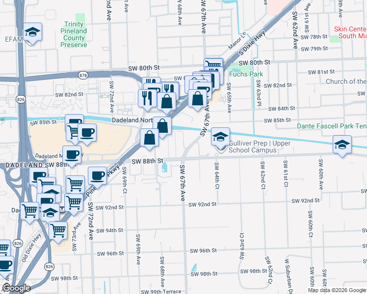 map of restaurants, bars, coffee shops, grocery stores, and more near 6715 Southwest 88th Street in Pinecrest