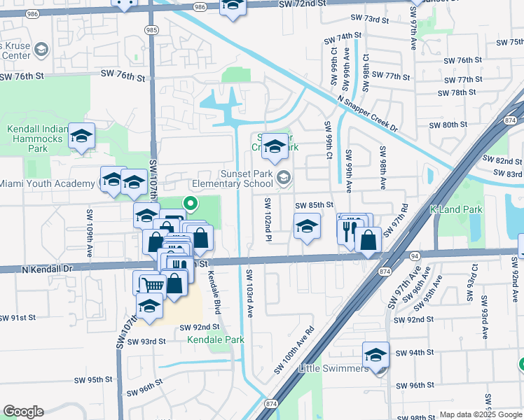 map of restaurants, bars, coffee shops, grocery stores, and more near 8424 Southwest 102nd Place in Miami