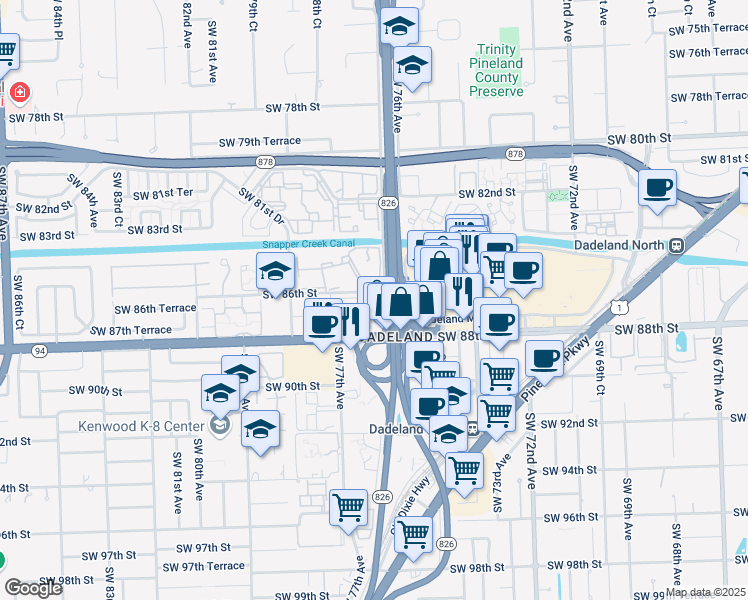 map of restaurants, bars, coffee shops, grocery stores, and more near Southwest 77th Avenue in Kendall