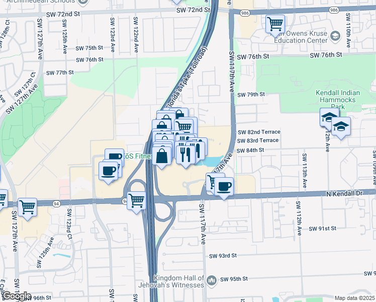 map of restaurants, bars, coffee shops, grocery stores, and more near 8505 Mills Drive in Miami