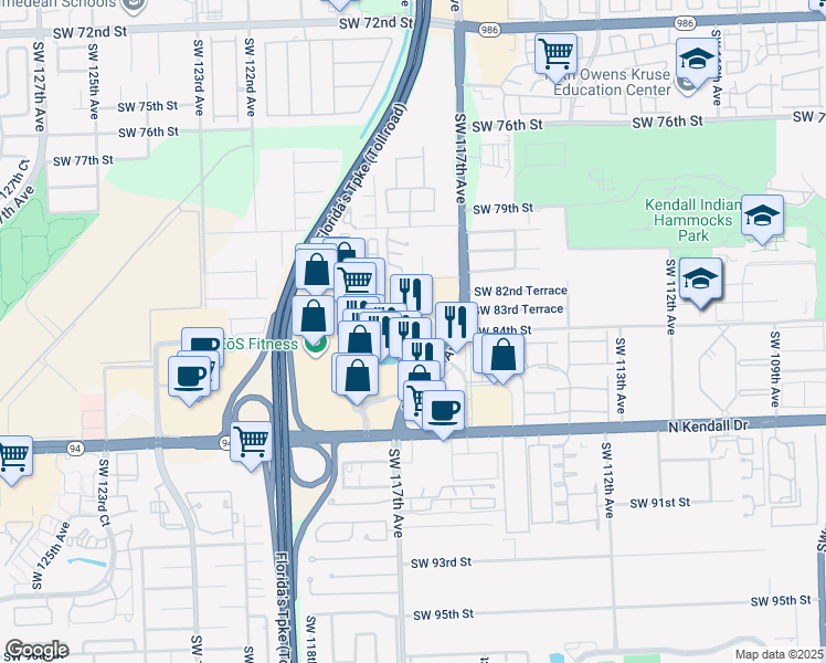map of restaurants, bars, coffee shops, grocery stores, and more near 11800 Mills Drive in Miami