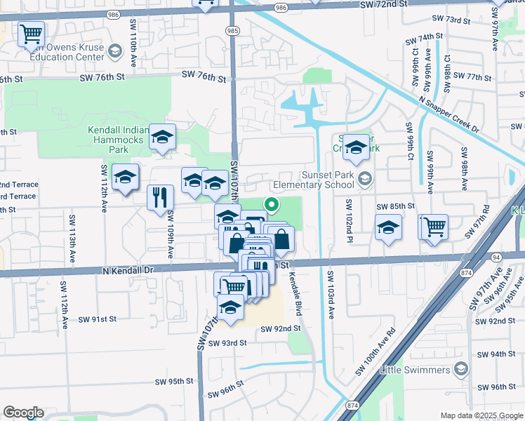map of restaurants, bars, coffee shops, grocery stores, and more near 77 Southwest 84th Street in Miami