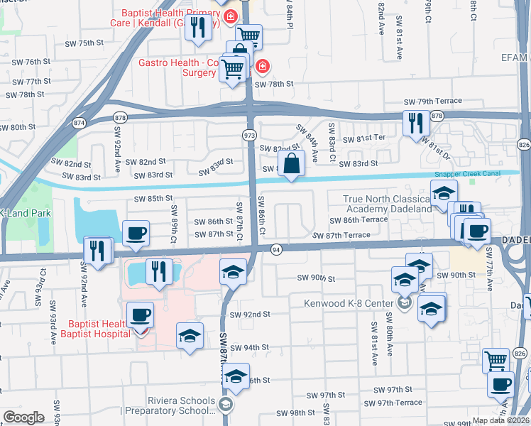 map of restaurants, bars, coffee shops, grocery stores, and more near 8561 Southwest 85th Street in Miami