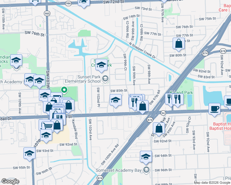 map of restaurants, bars, coffee shops, grocery stores, and more near 10025 Southwest 85th Street in Miami