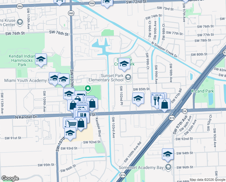 map of restaurants, bars, coffee shops, grocery stores, and more near 8424 Southwest 102nd Place in Miami