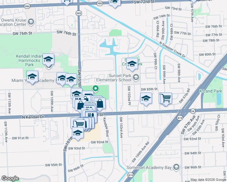 map of restaurants, bars, coffee shops, grocery stores, and more near 10389 North Kendall Drive in Miami