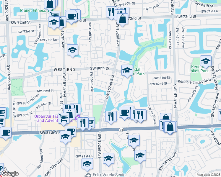 map of restaurants, bars, coffee shops, grocery stores, and more near 8205 Southwest 150th Avenue in Miami