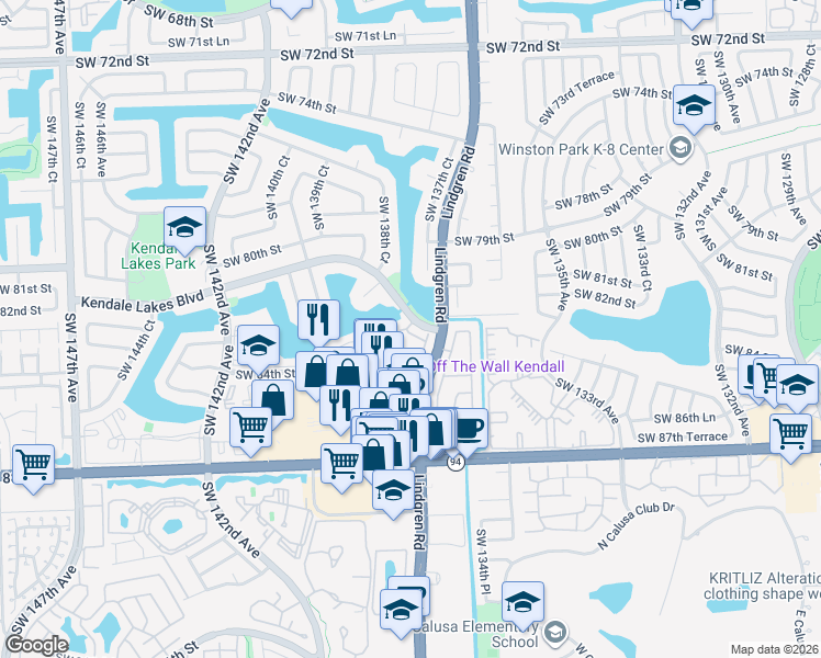 map of restaurants, bars, coffee shops, grocery stores, and more near 13725 Southwest 84th Street in Miami